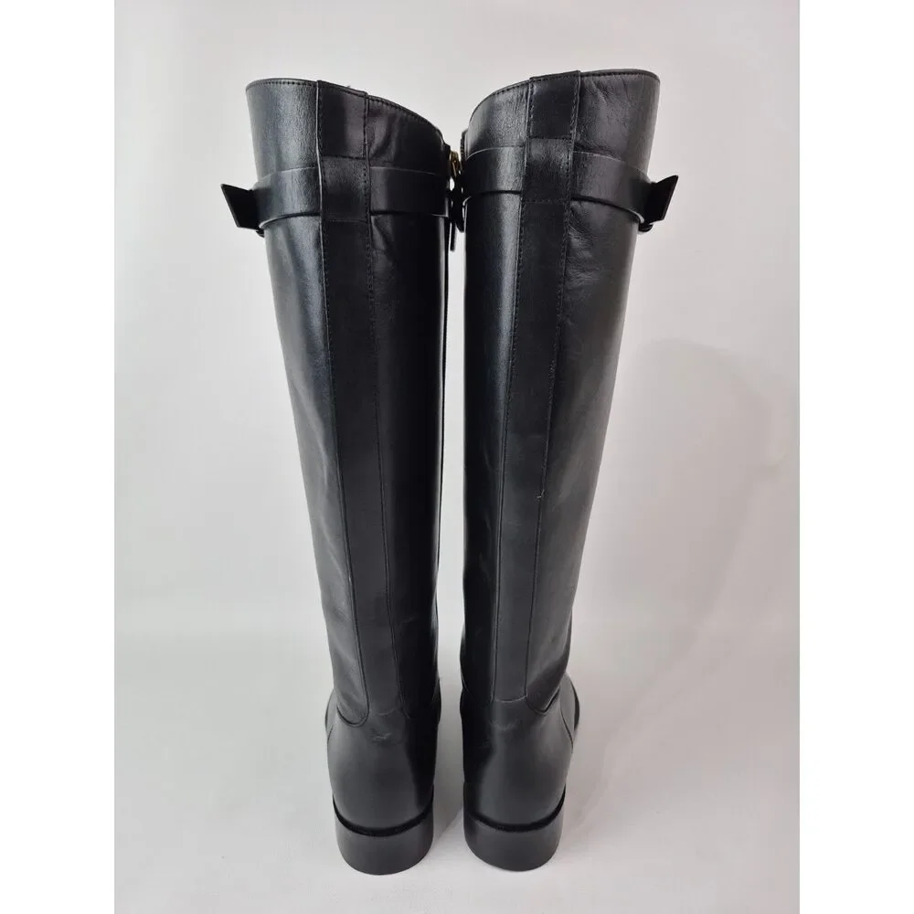 Tory Burch Women's Black Everly Strap Riding Boots Leather Size 7.5 Wide Calf
